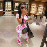 X00521L Phoenix New arrival sport women two-piece set+Tie-dyed butterfly short sleeve pantsuit