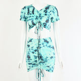 Summer Tie Dye Printed Suit Top Ruched High Waist Sexy Mini Bag Hip Skirt Two Set Women Clothing