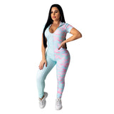 2020 Printed patchwork contrast color macaron jumpsuit v-neck sexy tights