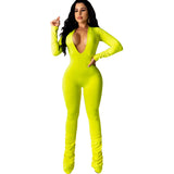 Phoenix 2020 New high-waisted exercise fitness jumpsuit Solid-color large V-neck tight all-in-one pants for woman