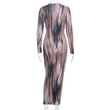 2020 long sleeve print V-neck bandage sexy long dress women party elegant outfits streetwear