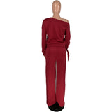 X00449L Phoenix Hot sale sexy women two-pieces sets+Solid color long sleeve knotted with fleece loose pants two piece suit