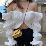 X00993C Lantern Sleeve Ruched Top and Blouse Shirts 2021 Off Shoulder Fashion Button Sexy Women Tops Shirt Blouses Elegant