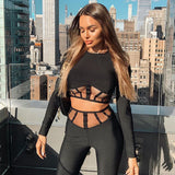 X01134M Nightclub sexy two piece set Mesh T-shirt high-waisted trouser suit Casual skinny women outfit in stock