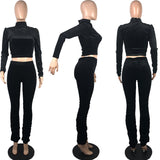 Wholesale velvet fabric pleated bell-bottom long sleeve tops stacked pants two-piece set