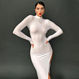 Phoenix sexy club dresses low back round neck long sleeves and slit skirt evening dress