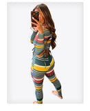 Phoenix New autumn color stripe thread long sleeve two-piece set Hollow out bind stripe suit