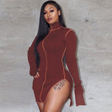 2021 HOT SALE Summer new long-sleeved split stitching linehigh-necked sexy dress