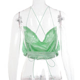 X01007C Sleeveless Strap Ruffles Fashion Rave Festival Crop Tops Vest Green Halter Sexy Backless Camisole Top Solid