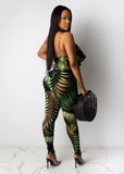 Hot style leaf print lady jumpsuits casual gallus bear shoulders low cut top & tight pants sexy & club fashion suits