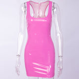 Sexy Pink PU Leather Bodycon Dress 2019 Summer Women Sleeveless Low Cut Back Zipper Elastic Mini Dress Party Club Dress