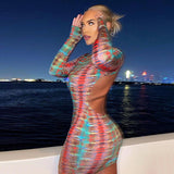 Sexy Backless Serpentine Print Mini Bodycon Dress Women Fall Chic Package Hip Streetwear Female Casual Party Club Cloth