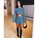 X00269L New arrival women two-piece set+ flared sleeve zipper and sexy buttonsTwo-piece denim skirt