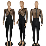 New arrival hot sale women jumpsuits+Fashion mesh spliced deep lady's jumpsuit