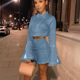 X00269L New arrival women two-piece set+ flared sleeve zipper and sexy buttonsTwo-piece denim skirt