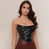 X02114C PU Black Patent Boned Corset Crop Tops for Women Sleeveless Backless Club Party Ruched Sexy Strapless Top Cropped