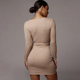 new 2021 fashion women's sexy V-neck knit long sleeve skirt slim waistband and hip-hugging dress