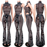X00276L New arrival women two-piece set+Sexy net print bell-bottom pants two-piece set