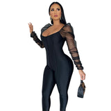 threaded jumpsuits slim long sleeve jumpsuit Bubble shoulder sleeve mesh patchwork jumpsuit