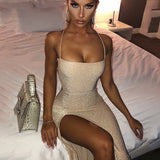 2020 new arrive Bright silk fashion sexy halter slit tight Girls' Dresses
