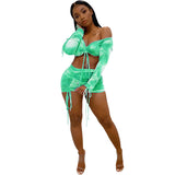 X01156C Dye Print Drawstring Sexy Co-ord Sets Women Long Sleeve Ruched Sexy 2 Piece Outfits Club Bodycon Top And Skirt Set