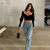 X00703S Hollow-out sexy side chain with high-waisted jeans for women versatile slim straight pants