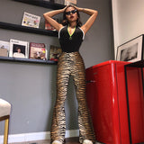 X00928M New autumn elastic high waist leopard bell-bottom women casual street fashion pants in stock