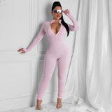 2020 New design Sexy slim long sleeve jumpsuit solid color V-Neck suit with low price