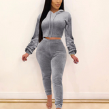 X00447L Phoenix Hot style women sexy two-piece sets+Long - sleeved hoodie solid color fleece two-piece set