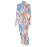 2020 print tie dye long sleeve sexy dress women bodycon party streetwear outfits