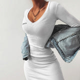 New arrival Sexy women solid color dress+Fashion V-neck label long-sleeved dresses