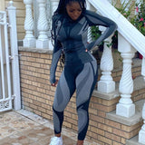 X01542C women skinny patchwork tracksuit 2 piece outfits long sleeve crop top sporty leggings matching set casual fitness cloth