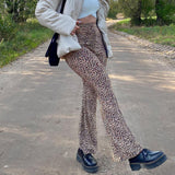 X02027C Brown Leopard Joggers Women High Waist Flare Pants Double Layer Mesh E Girl Aesthetic Trousers Female Sweatpants