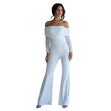 Mesh Patchwork Jumpsuits Women Sexy Off Shoulder Slash Neck Long Sleeve Jumpsuit Elegant Slim Wide Leg Pants