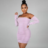 Hot selling one-line sexy long-sleeved dress fall 2021 new pleated slimming skirt