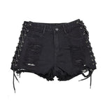 Sexy Summer Women Denim Shorts Black Blue Ripped Short Jeans Femme Tassel Lace Up Bandage Hotpants