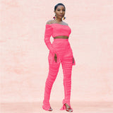 X00050L 2021 Hot sale gauze perspective two-piece sets sexy strapless crop top and pants solid color fashion slim outfits