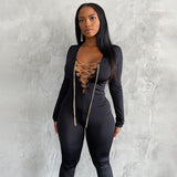 fashion tight sex appeal chain tie jumpsuit