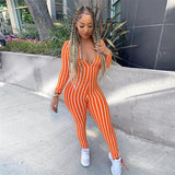 Women Long Sleeve V Neck Stripe Bodycon Jumpsuit Female Sexy Slim Casual Playsuits Clubwear Outfits