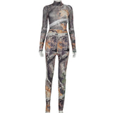 Phoenix Cool leaf print Chinoisse long sleeve jumpsuit with corset feet casual suit