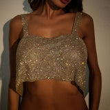 Sexy Women Shiny Tank Top Gold Sequined Metal Diamonds Crop Tops Vest Tee Shirt Glitter Crystal Nightclub