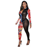 Phoenix Sexy jumpsuit stand collar and color tights Printed mesh woven tape spliced jumpsuit