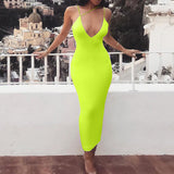 2020 summer women sexy strap v-neck dress solid Neon color sleeveless skinny long dress female fashion vacation clothes