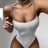 X00924C Diamond Straps Fashion Sexy Bodysuits Women Tops Club Party Backless Bodysuit Romper Female Basic Solid Summer