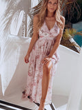 Women Summer Dress Floral Print Long Spaghetti Strap Split Party Pink Chiffon Elegant Casual Maxi Dresses Beach