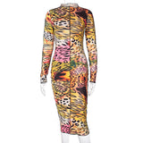 Printed long-sleeved dress Sexy casual skinny women's dress Round neck High elastic dress in stock