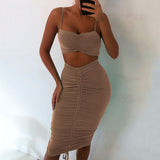 Two Piece Set Women Outfits Crop Top And Skirts Matching Sets Woman 2 Pieces Bandage Pleated Skirt