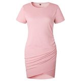 Hot selling summer plain color round neck short sleeve ruched mini slim sexy irregular dress vestidos mujer dresses