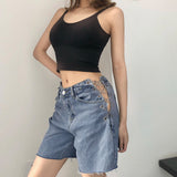 X00703S Hollow-out sexy side chain with high-waisted jeans for women versatile slim straight pants