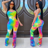 2020 Colorful printed trouser hem pleated suspenders jumpsuit